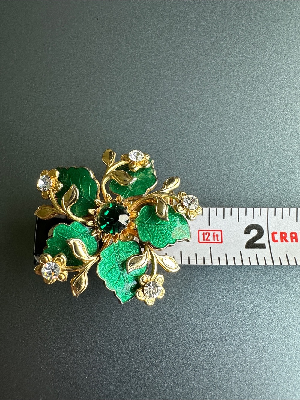 Vintage Mid Century Green Enamel Emerald Rhinestone Floral Brooch Pin EXCELLENT - Picture 6 of 7